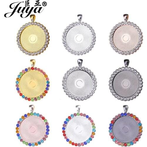2pcs Round Cameo Pendant Cabochon Base with Colorful Diamond Zircon 30mm Charm for Jewelry Making Necklace Blank Settings