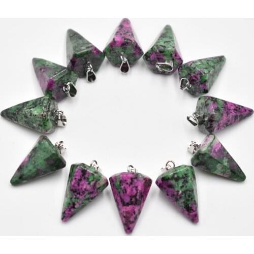 2021 New Fashion hexagonal pyramis shape Natural Stone red and green treasure pendants charms for jewelry making 12pcs Wholesale