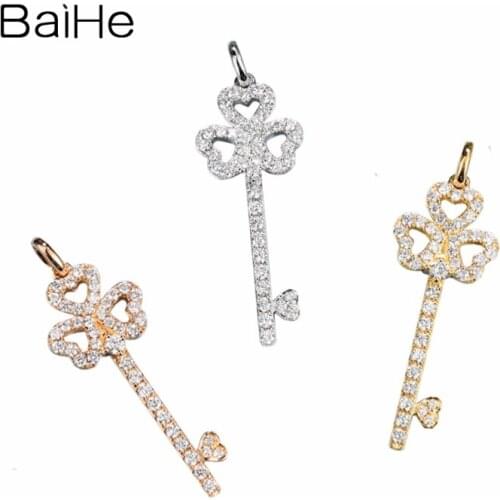 BAIHE Solid 14K Yellow Gold 0.43ct H/SI Natural Diamond Wedding Women Trendy Fine Jewelry Beautiful clover diamond key Pendant