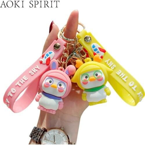 Cute Cartoon Duckling Pendant PVC Material Four-Color Pilot Duckling With Hat Keychain Couple Keyring Backpack Accessories Gift