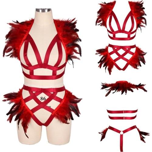 Harness Bra Feathers Strappy Full Body Goth Punk Cage Suspender Stockings Women Sexy Lingerie Set Festival Rave Clothes Garters