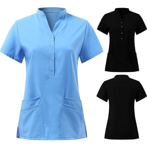 Nurse Uniform Women Short Sleeve V-neck Button Scrubs Tops Pocket Nursing Working Scrubs Uniform T-shirts медицинская одежда N