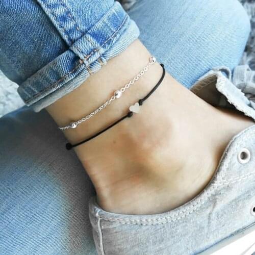 Double Ankle Chain Heart Pendant Black Leather Rope Anklet Fashion Foot Jewelry Bracelet On The Leg Anklets Fashion Jewelry