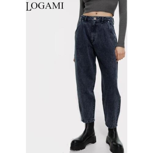 LOGAMI High Waist Women Streetwear Pleated Mom Jeans Woman Loose Pockets Jeans Boyfriend Pants Casual Ladies Denim Trousers