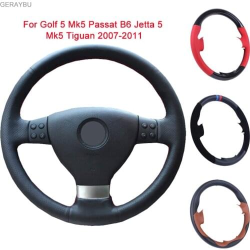 GERAYBU Custom DIY Black Leather Hand-sewn Car Steering Wheel Cover For VW Golf 5 Mk5 Passat B6 Jetta 5 Mk5 Tiguan 2007-2011