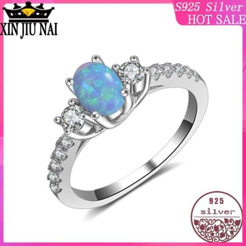 100% Pure Silver standard S925 Luxury Triple Diamond Ring with Coloured Diamond Opal Stone Blue moon stone rings for women