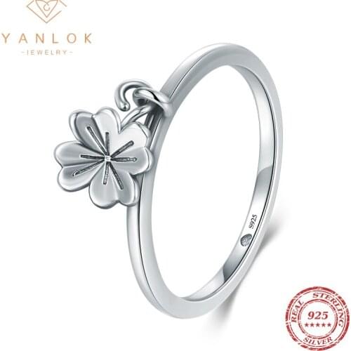 YANLOK Hot Sale Real 925 Sterling Silver Trendy Elegant Dangle Clover Finger Rings For Women Plant Collection Jewelry Gift