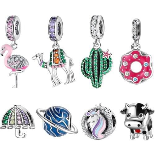 Hot 925 Sterling Silver Pink Sparkling CZ Flamingo Charms bead For jewelry making Pendants Fit Original Charm European Bracelets