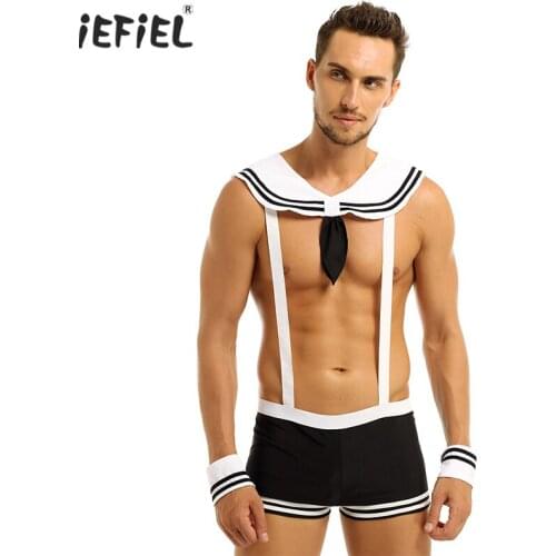 Gay Mens Lingerie Sailor Cosplay Costume Uniform Sexy Underwear Exotic Set Elastic Suspenders Boxer Briefs with Collar and Cuffs