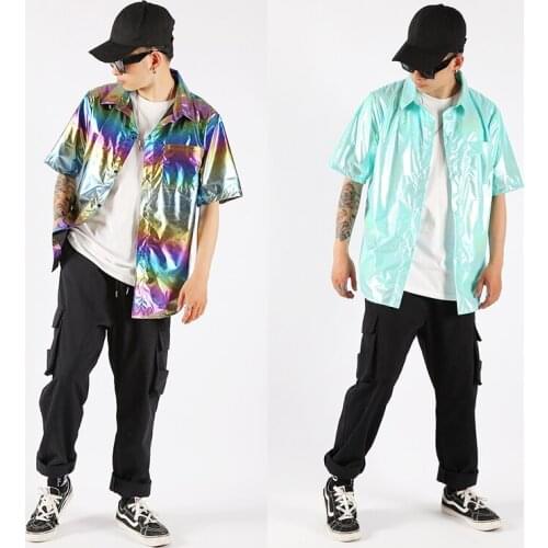 Nightclub Mens Costume Casual Jacket Hip-Hop Loose Shirt Colorful Short-Sleeved Shirt Male DJ Gogo Salsa Dancer Costumes VDB2586