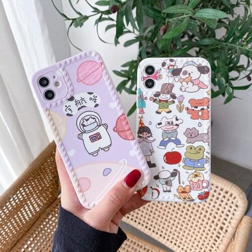 3D Heart frame Cute Animal Soft Case For iPhone 12 11 Pro Max 12Mini X XS Max XR 8 7 6 S Plus SE 2020 Cartoon Square Phone Cover