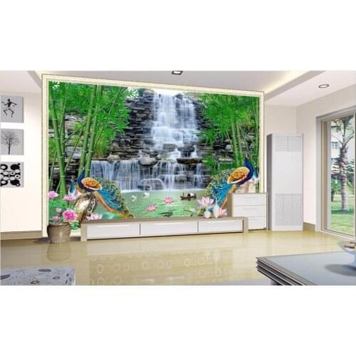 3d room wallpaper custom mural landscape waterfall bamboo lotus peacock home decoration painting photo wallpaper for walls 3 d