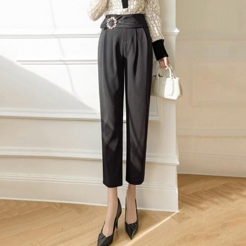 Solid Color Suit Pants Women Chain Waist Tie Zipper Korean style Pencil Pants High Waisted Drape Elegant Cropped Trousers Summer