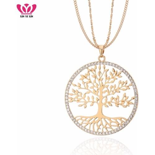 Wholesale Tree of Life Pendant Round Crystal Vikings Yggdrasil Necklace Women Long Chains Gold Color Plant Fashion Jewelry