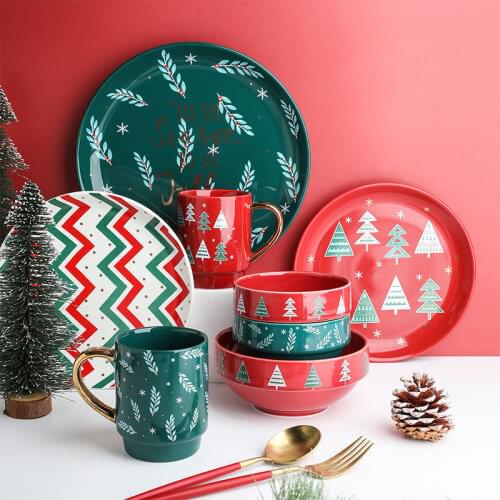 Christmas Ceramic Dishes Set Home Soup Bowl Rice Bowls Creative Western Steak Plate Couple Mug Western-style Holiday Tableware