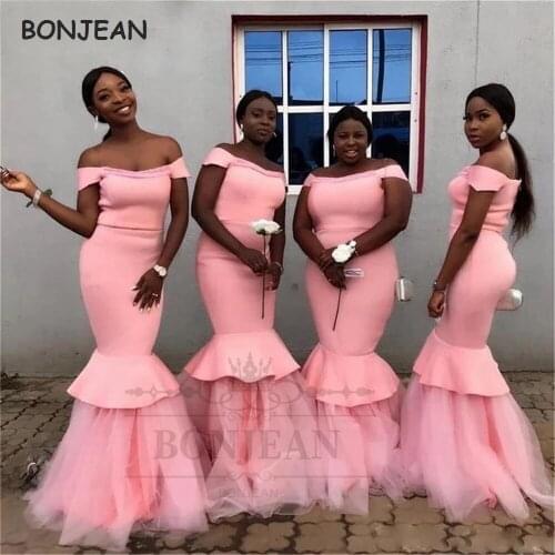Off Shoulder Pink Mermaid Bridesmaid Dresses 2021 Short Sleeves Tulle Black Girls Bridesmaid Dress Wedding Party Dress