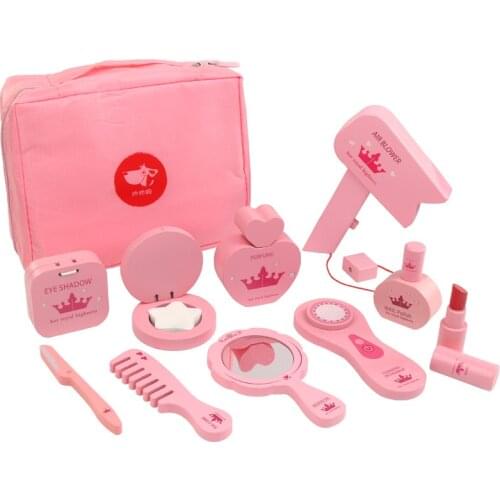 Childrens Wooden Imitation Pink Make-up Bag Family Toys Boys And Girls Play House Princess Make-up Bag Set Kids Toys