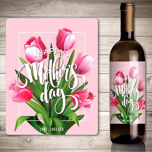 Custom Photo Mothers Day Wine Label,Personalized Beautiful Narcissus Decorative Wine Bottle Sticker,Mothers Day Gifts Ideas
