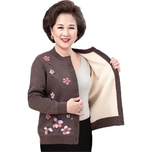 Knitted Sweater Cardigan Middle-aged and Elderly Womens Sweater Coat Single-breasted Embroidered Thicken Lamb Wool Warm Jacket