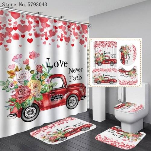 Valentines Day Shower Curtain 4 Piece Love Story Carpet Cover Toilet Cover Bath Mat Pad Set Holiday Festival Bathroom Curtain