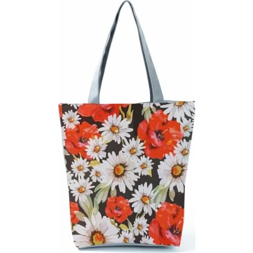Red Floral Daisy Printed Womens Bag Fashion Refreshing Shoulder Bag Eco Handbags High Capacity Shopping Bag Portable Travel Bag
