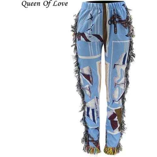 Side Tassels Patchwork Striped Print Jogger Pant Women Rave Festival Clothing 2021 Fashion Casual High Waist Bodycon Sweat Pants