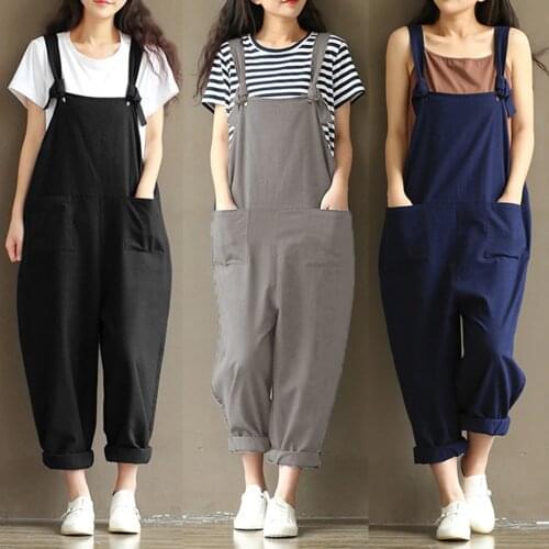Womens Vintage Loose Linen Pants Jumpsuit Dungaree Strappy Harem Trousers Overalls Oversized with Pockets
