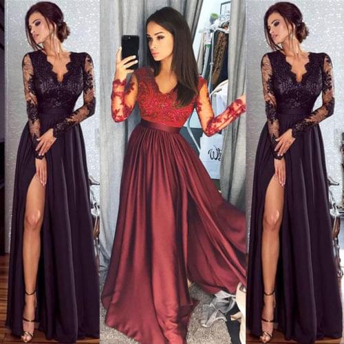 2019 Women Lace Evening Party Ball Prom Gown Formal CLUB Wear Deep V Neck Long Dress