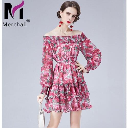 Runway Floral Autumn Ruffled Dress Women Sexy Off Shoulder Latern Sleeve Flower Print Sundress Party Beach Boho Vestidos M68250
