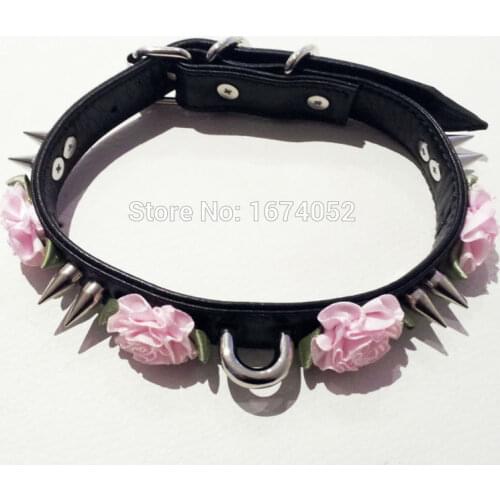 Women Fashion Leather Necklace, Double Studded Punk Goth Emo Kawaii Double Spikes Choker, Pu Leather Flower Collar Necklace