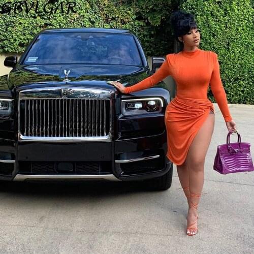 Long Sleeve Wrap Side Split for Women Bandage Dress Fall 2021 Clothing Solid Night Partywear Bodycon Irregular Hem Midi Dresses