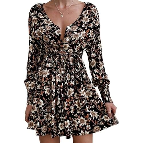 Womens Casual Long Sleeve Dress Vintage Printing Single-breasted High Waist Short Dress