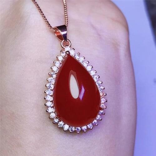 Jadery Vintage Women Sterling Silver 925 Chain Long Necklace With Natural Red Chalcedony Jade Pendants Necklaces Fine Jewelry