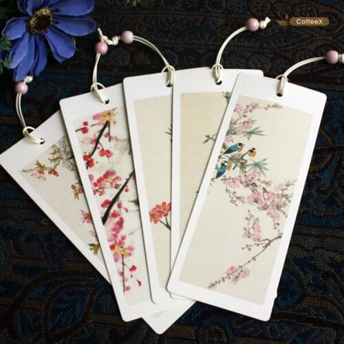 1pcs elegant beaded bookmark Chinese style Chinese painting wholesale pink peach flower poetry bookmark 5 sheets / set