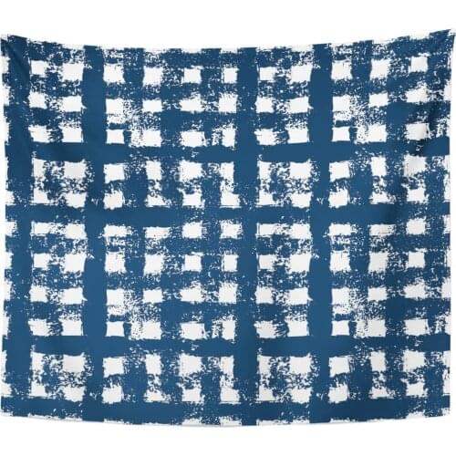 Watercolor Pattern Blue and White Checkered Gingham Abstract Brush Tapestry Home Decor Wall Hanging for Living Room Bedroom Dorm