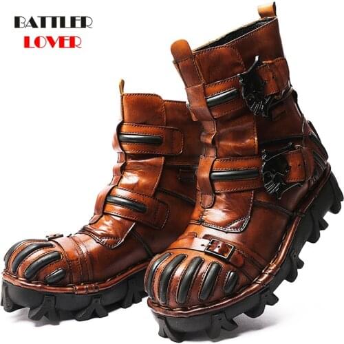 Genuine Leather Martin Boots for Men 2021 Motorcycle Biker Booty Male Military Combat Tactical Shoes Gothic Skull Punk Footwear