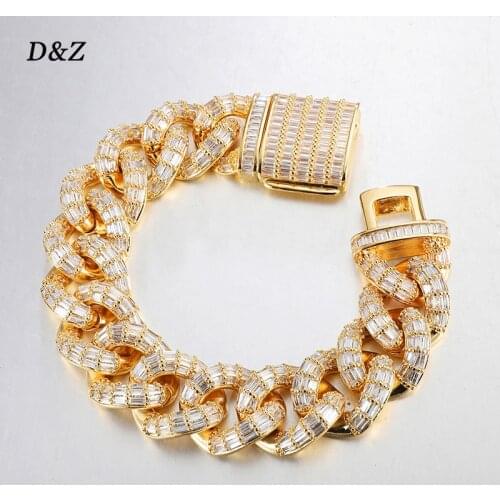 D&Z New 21mm Iced Out Baguette Prong Cuban Link Bracelet Box Buckle Fashion 8inch Miami Cuban Chain Bracelet Hip Hop Jewelry