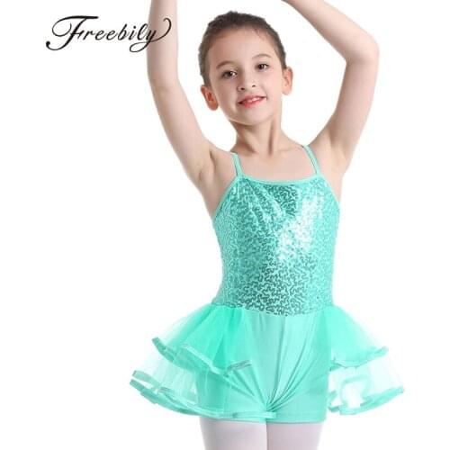 Kids Girls Gymnastic Swimsuit Ballet Leotard Dress Spaghetti Straps Shiny Sequins Tiered Mesh Dance Costume Leotard Jumpsuit