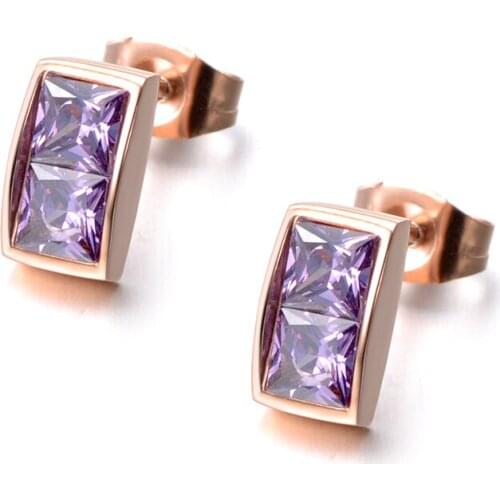 Classic Stainless Steel Cubic Zirconia Stud Earrings Light Purple & White CZ Crystal Wedding Earrings For Women JE18044