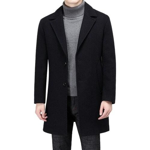 Quality Casual Mens Autumn Winter 35%Wool 65%Cotton Blend Woolen Coats Black Mid-Long Top Jacket Windbreaker Outerwear Overcoat