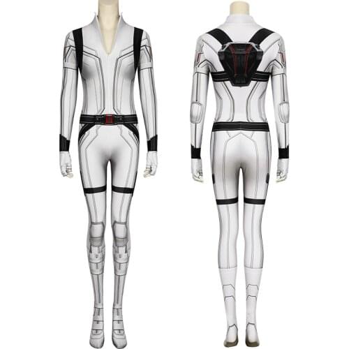 Adult Women Superheroine Widow Natasha Romanoff White Jumpsuit Cosplay Costume Halloween Masquerade Party Bodysuit