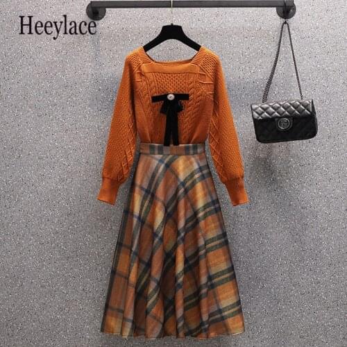 Aurumn Winter French Vintage Fragrance sweater suit Korean Casual Long Sleeve Knitter Sweater And Plaid skirt two-piece Sets