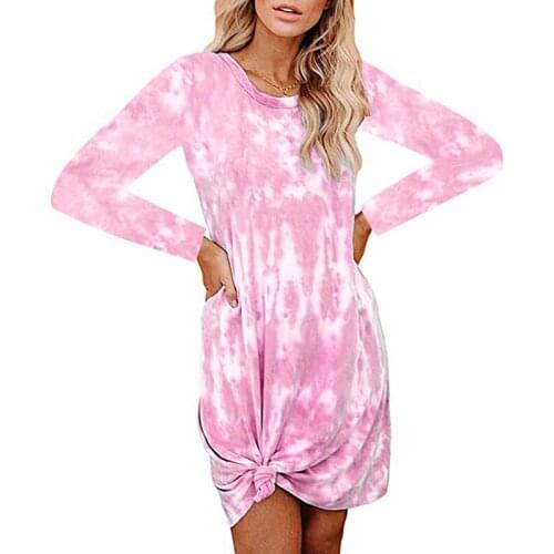 2020 Autumn And Winter New Womens O-neck Tie-Dye Gradient Long Sleeve Knotted Printed Dress Ladies Casual Loose Irregular Dress