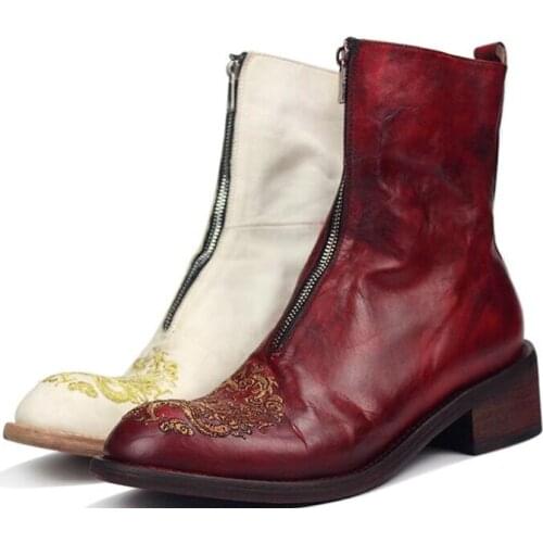 New winter men mid-calf boots Chinese style embroidery men shoes Goodyear shoes100% genuine leather lace up zipper mens boots