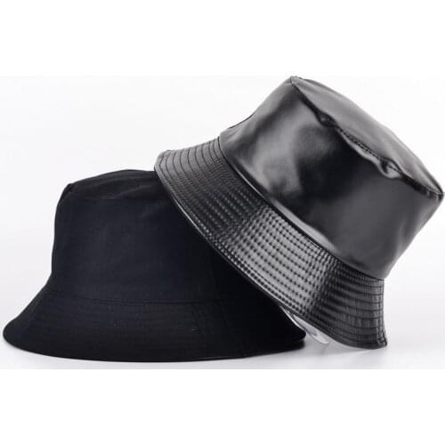 Spring Summer Pu Leather Cotton Bucket Hat Men Women Fashion Solid Two Side Fisherman Hat Outdoor Casual Panama Girls Basin Cap