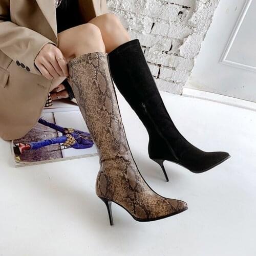 Sexy contrast snake high heels womens boots show thin pointed snake high boots large 43 44 45 46 47 48