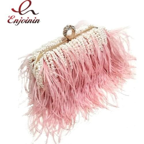 Luxury Ostrich Feather Pink Party Clutch Bag Pearl Tassel Women Purses and Handbags Wedding Designer Bag Shoulder Chain Bag New