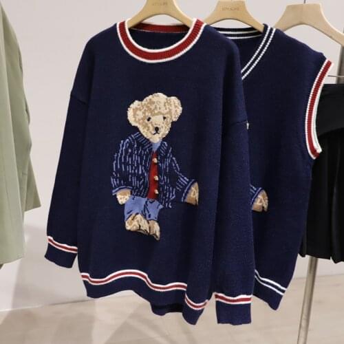Oversize Women Sweaters Autumn Winter Knitwear Pullovers Casual Korean Girls Cute Teddy Bear Jaquard Sweater V-neck Knitted Vest