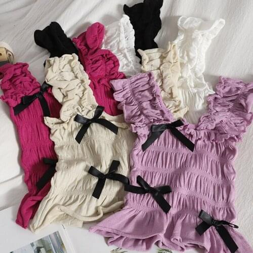 2021 Summer Women Wrinkled Bowknots Camis Female Ruffles Knitted Sweet Tees Tanks Crop Tops Camisole For Girls