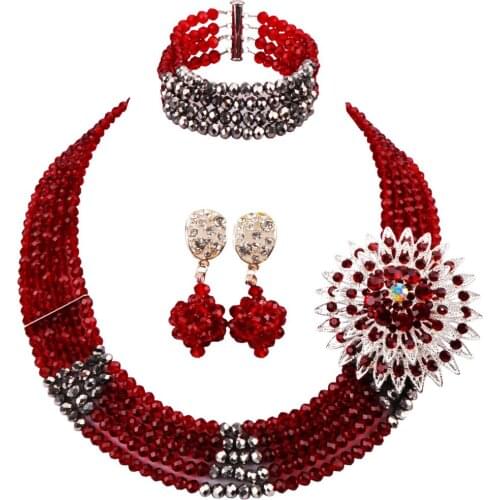 Wine Silver Crystal Beaded Strand Necklace African Beads Jewelry Set 3JK16